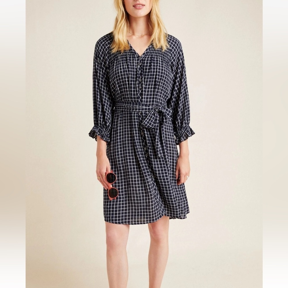 Anthropologie Maeve Sara Smocked Belted Tie-Waist Navy Plaid Shirt Dress XS